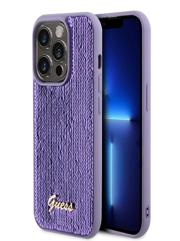 Guess Guess Sequin Script Logo Zadní Kryt pro iPhone 14 Pro Purple Калъф за телефон Lilav