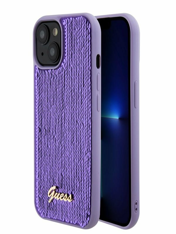 Guess Guess Sequin Script Logo Zadní Kryt pro iPhone 15 Plus Purple Калъф за телефон Lilav