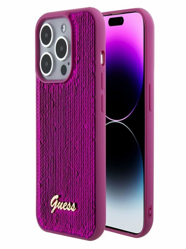 Guess Guess Sequin Script Logo Zadní Kryt pro iPhone 15 Pro Max Magenta Калъф за телефон Lilav
